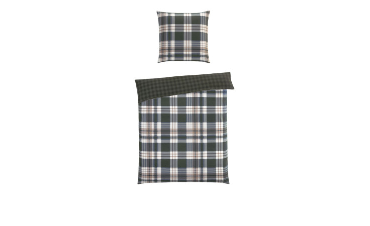 Flanell-Wendebettwäsche 135 x 200 cm: Flanell-Wendebettwäsche in dunkelgrün, weiß und beige kariert mit Kopfkissen und gefalteter Bettdecke.