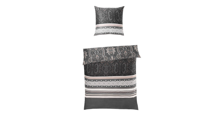 Grau-weißes Satin-Bettwäsche-Set 155 x 220 cm mit aufwendigen Mustern, bestehend aus einem Kissenbezug und einem Bettdeckenbezug.