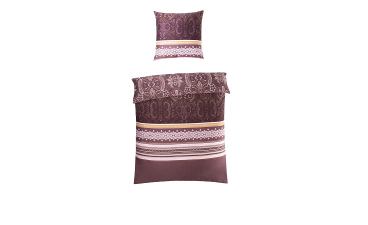 Lila Satin-Bettwäsche 155 x 220 cm in Naturfaser mit Streifenmuster, plus passendem Kopfkissen und Bettbezug.