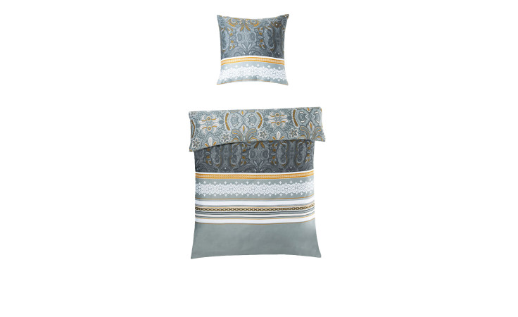 Das Set Satin-Bettwäsche 155 x 220 cm zeigt blaue, graue, gelbe und weiße Muster auf weißem Hintergrund.