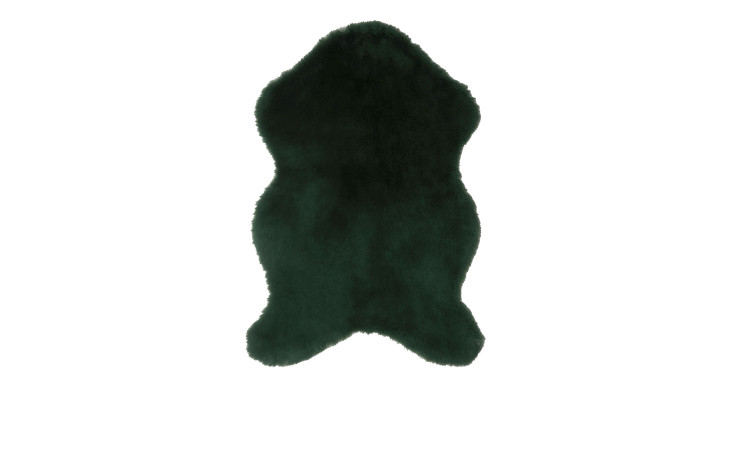 Dunkelgrüner Kunstfellteppich 60 x 90 cm mit unregelmäßiger Form auf weißem Hintergrund.