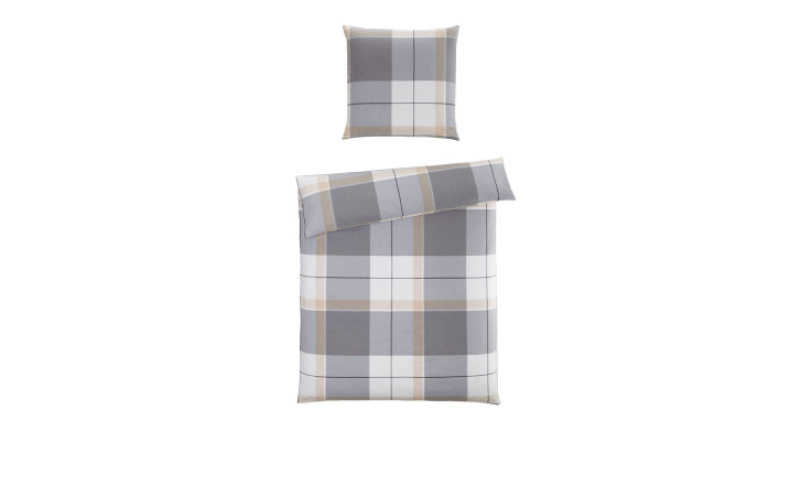 Flanell-Bettwäsche 135 x 200 cm in grau, beige und weiß kariert mit Kissenbezug und Decke auf weißem Hintergrund.