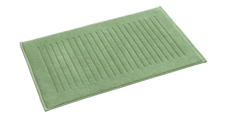 Die Badematte 50 x 80 cm ist eine grüne, rechteckige Naturfaser-Badematte mit einem Rippenmuster auf weißem Hintergrund.