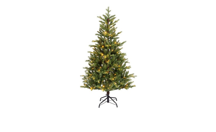 Tannenbaum Allison II 180 cm mit grünen Zweigen, warmweißen Lichtern & Metallständern vor weißem Hintergrund.