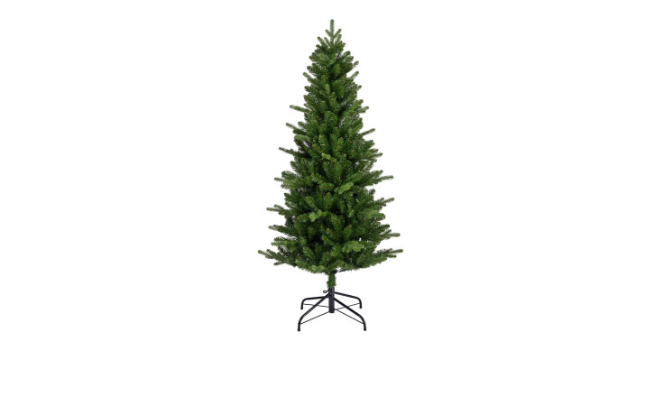 Künstlicher Tannenbaum Killington 150 cm mit grünen Zweigen, schwarzem Metallständer, vor weißem Hintergrund.