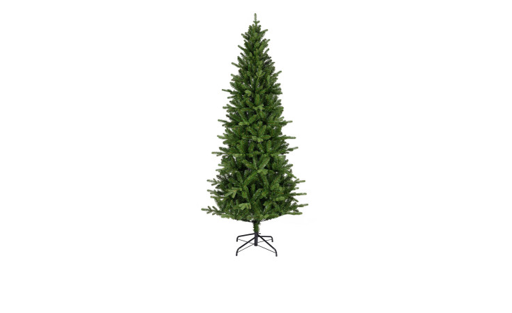 Tannenbaum Killington 270 cm, grüner künstlicher Weihnachtsbaum aus Kunststoff, auf Metallständer vor weißem Hintergrund.