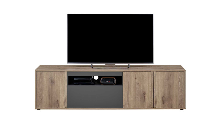 Lowboard Nancy, in der Farbausführung Viking Oak und Grau, Frontansicht