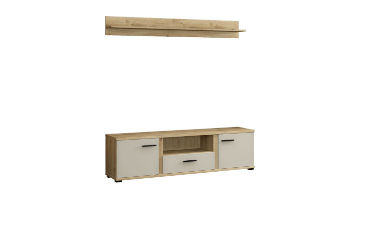 Lowboard und Wandboard Kane in der Farbe kaschmir mit Absetzung in Artisan Eiche