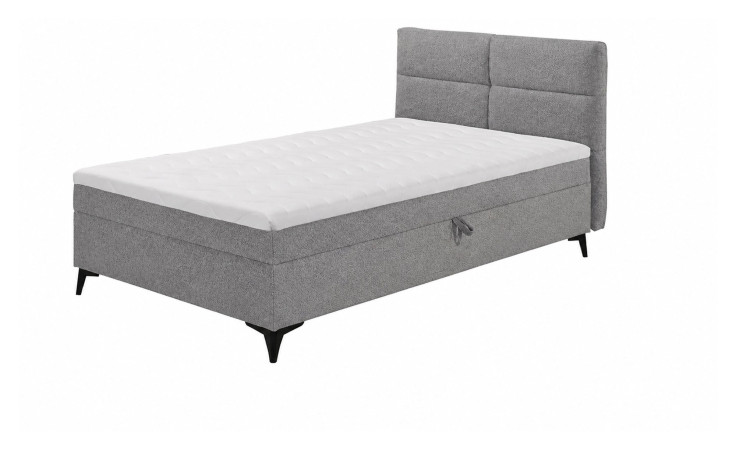 Boxspringbett Carmen: graues Bett mit weißer Matratze, Kopfteil und integriertem Stauraum.