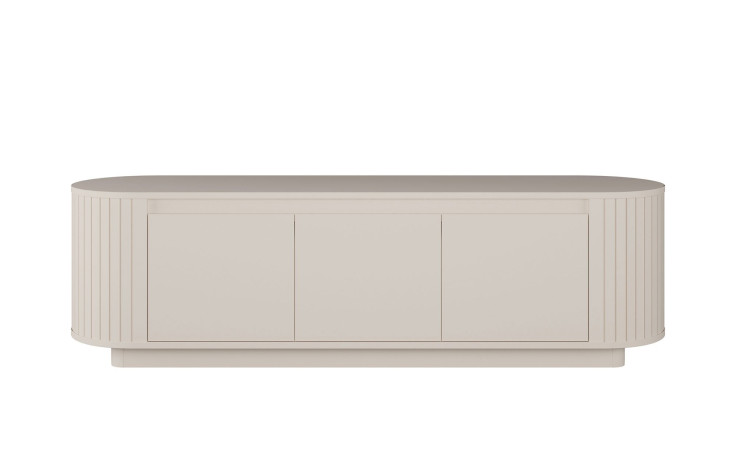 Lowboard Chania in Beige, ein modernes Sideboard mit abgerundeten Enden, drei Schranktüren und einem flachen Design.