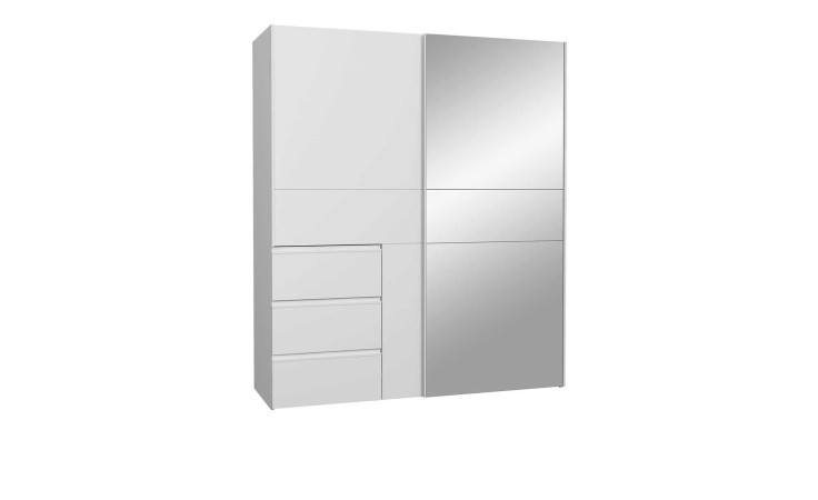 Schwebetürenschrank Willi in der Ausführung Weiß / Spiegel, mit 3 Schubläden und zwei Türen.