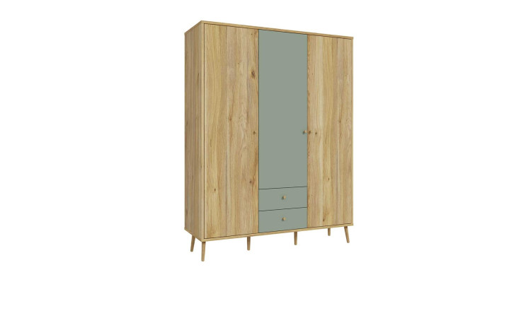 Kleiderschrank Winston, in der Farbkombi. Mauvella oak / Salbeigrün, mit 3 Türen und Schubkästen
