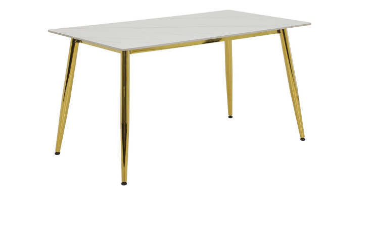 Esstisch Xanten mit einer rechteckigen Tischpaltte aus Echtstein Marmoroptik in weiß und einem goldenem Vierfuß Metallgestell. Schräge Seitenansicht.