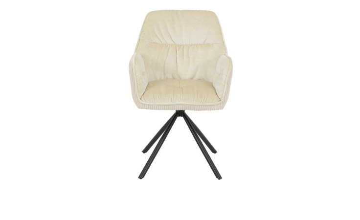 Armlehnstuhl Aalen mit einem creme Samtvelour Sitzbezug und einem creme Breitcordbezug im Rücken, mit einem Massivholzfuß. frontalansicht.