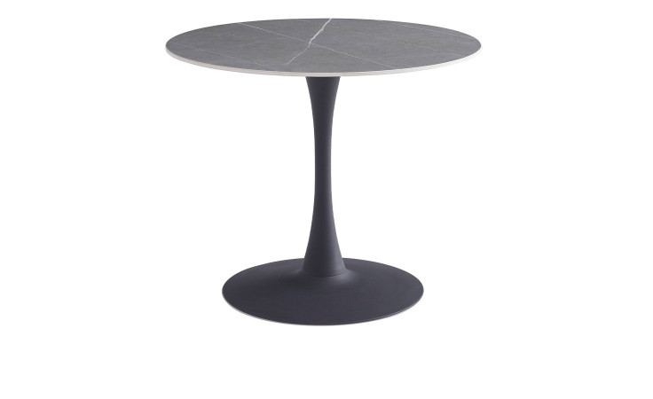 Esstisch Paul mit einer runden Tischplatte aus Sintered Stone Marmoproptik in grau und einem anthraziten Metallgestell.