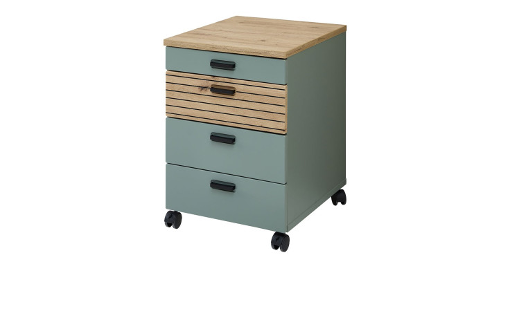 Rollcontainer Glenn mit Rollen in der Farbe Schilfgrün mit Absetzungen in Artisan Eiche Nachbildung, Schrägansicht