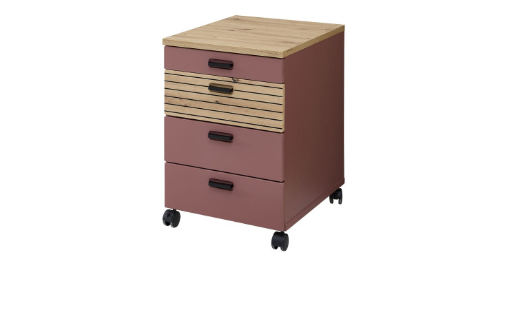 Rollcontainer Glenn mit Rollen in der Farbe Rostrot mit Absetzungen in Artisan Eiche Nachbildung, Schrägansicht