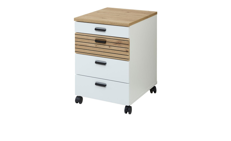 Rollcontainer Glenn mit Rollen in der Farbe Weiß mit Absetzungen in Artisan Eiche Nachbildung, Schrägansicht