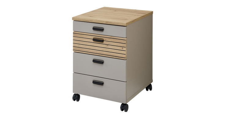 Rollcontainer Glenn mit Rollen in der Farbe Basalt mit Absetzungen in Artisan Eiche Nachbildung, Schrägansicht