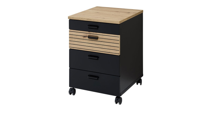 Rollcontainer Glenn mit Rollen in der Farbe Schwarz mit Absetzungen in Artisan Eiche Nachbildung, Schrägansicht