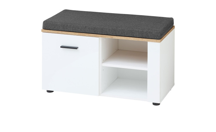 Garderobenbank Spike in weiß mit Absetzung in Eiche Altholz Nachbildung und einem anthrazitfarbenem Kissen schräg von vorne.