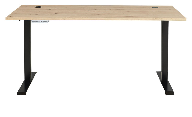 Schreibtisch Melanie mit einer Tischplatte in Artisan Eiche und einem schwarzen Gestell. Frontalansicht.