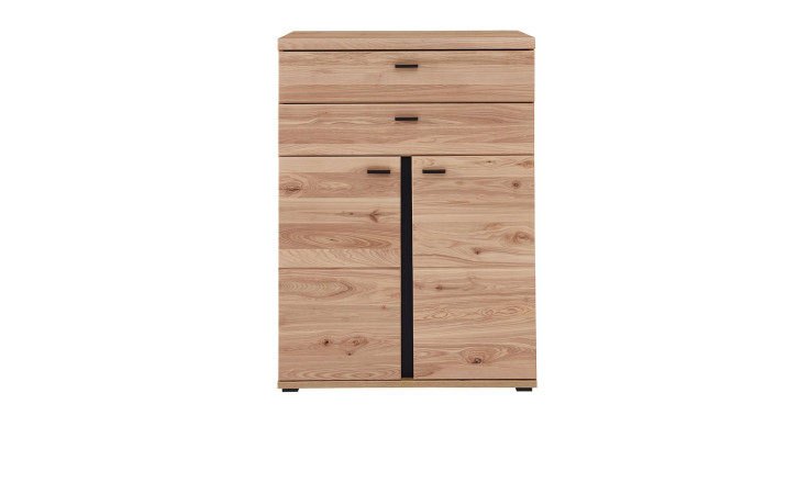 Kommode Sonos mit zwei Schubkästen und zwei Holztüren, Absetzung in Schwarz matt