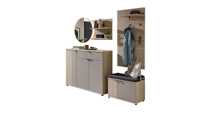 Garderobenkombination Padua mit der Frontfarbe Basalt und den Korpussen in Riva Eiche Nachbildung mit Deko