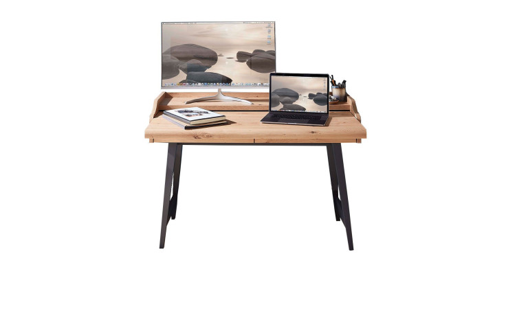 Schreibtisch mit Ausziehplatte, bestückt mit Laptop, Bildschirm und Utensilien