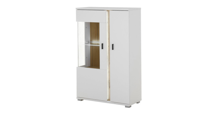 Vitrine Leander in weiß mit Tiefziehfronten und Absetzungen in Eiche Wotan-Dekor