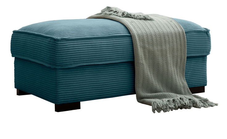 Hocker Holly in einem Türkisblauen Cordstoff bezoegn.