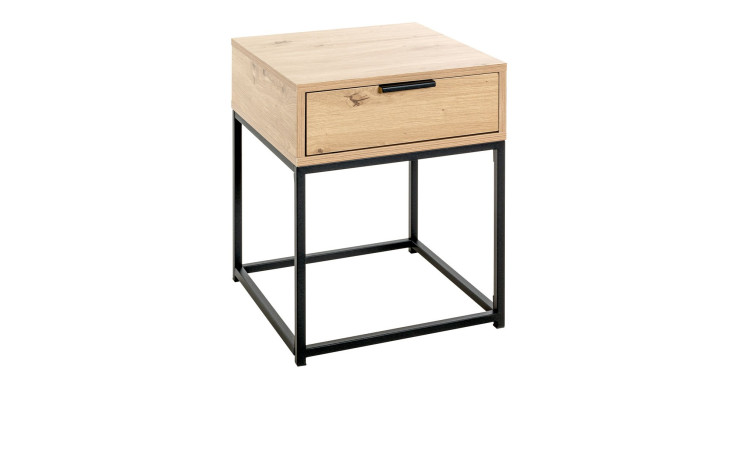 Konsole Marlena in Eiche hell aus Holzwerkstoff mit einem schwarzen Stahlrohrgestell. Schräge Seitenansicht