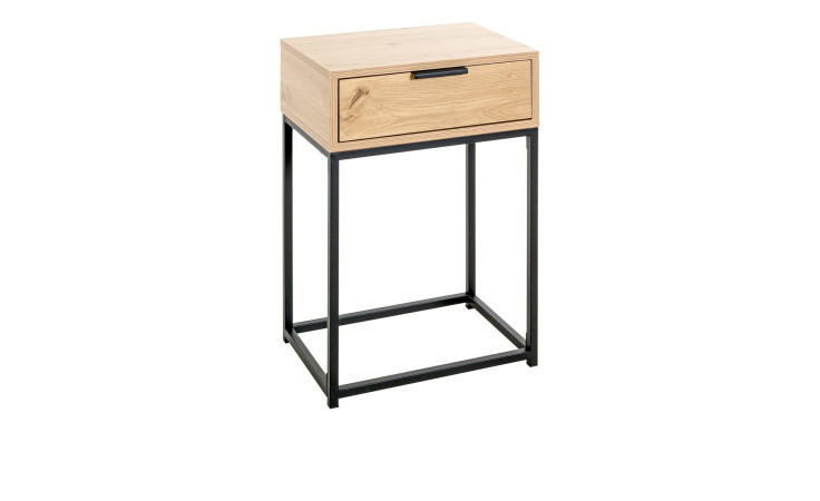 Konsole Marlena mit einem Schubfach aus hellem Holz und schwarzem Metallgestell