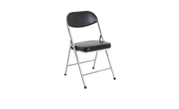 Klappstuhl Karl mit silbernem Metallgestell, schwarz gepolstertem Sitz und Standard-Möbelmaßen.