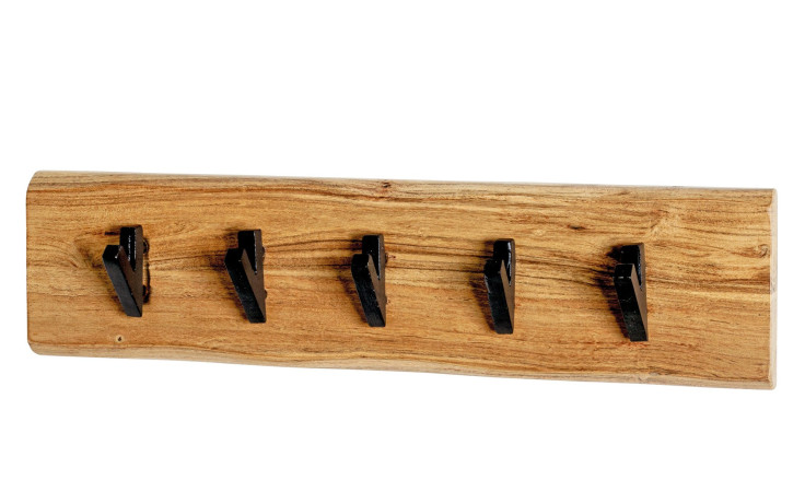 Wandgarderobe Rennes in Akazie Massivholz mit 5 schwarzen Haken