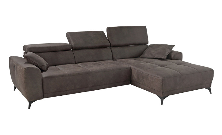 Wohnlandschaft Damian: dunkelgraues L-förmiges Sofa, verstellbare Kopfstützen, USB-Anschluss, schwarze, schräg zulaufende Beine.