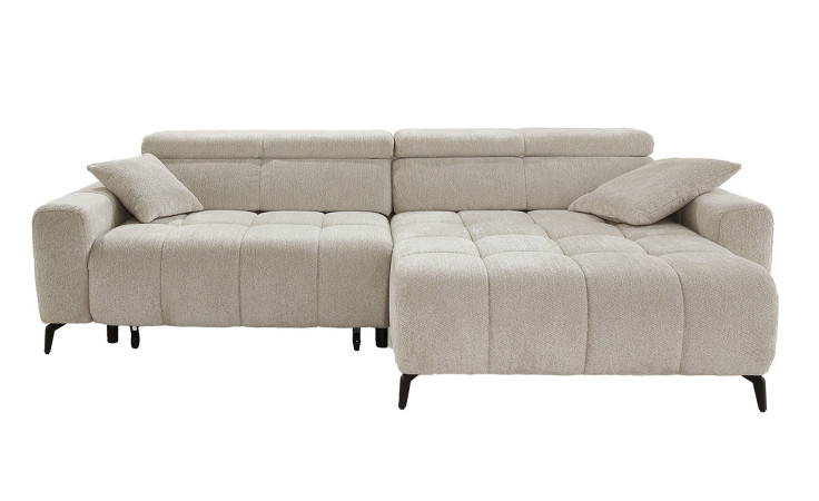 Wohnlandschaft Remo: hellbeiges L-förmiges Sofa, 80 cm hoch, gesteppte Polster, 2 Kissen, schwarze Beine.