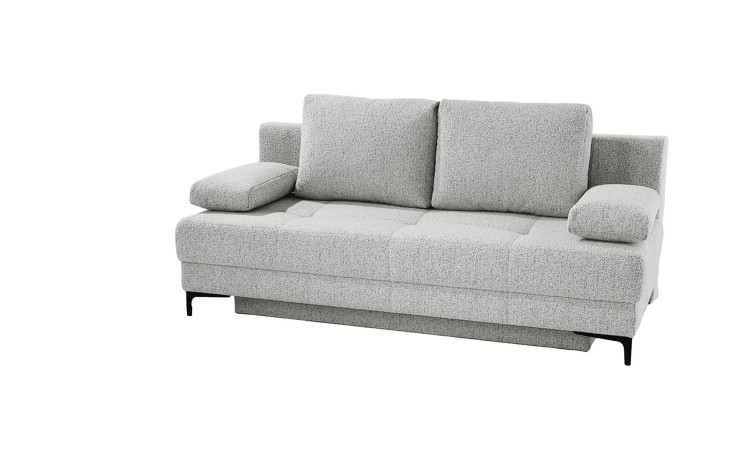 Schlafsofa Faye: hellgrau, auf Tiefe ausgerichtetes Design, 2 Rückenkissen, abnehmbare Armlehnen und schwarze Beine.
