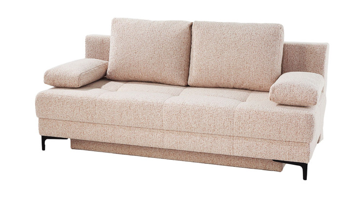 Schlafsofa Feye: Beige, 2 Rückenkissen, Armlehnen, kurze schwarze Beine; Maße variieren.