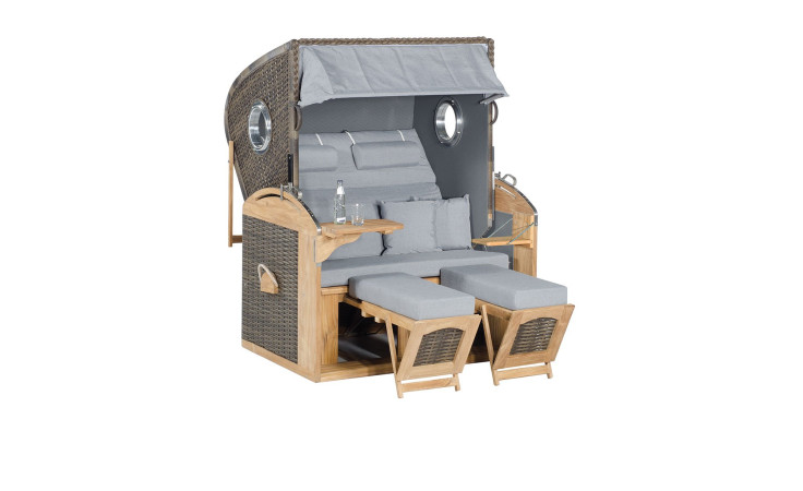 Strandkorb Rügen in Vintage-Grau aus Markengeflecht, Auflagen in anthrazit