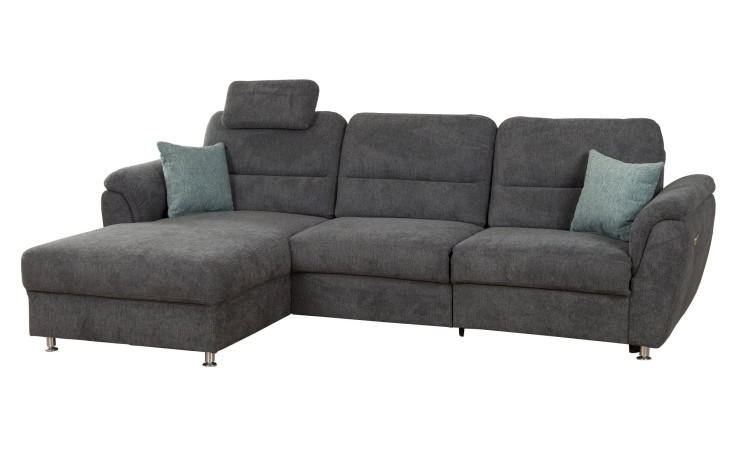 Komfort-Wohnlandschaft Dyre in einem grauen Stoff bezogen mit Füßen im Alu-Look.