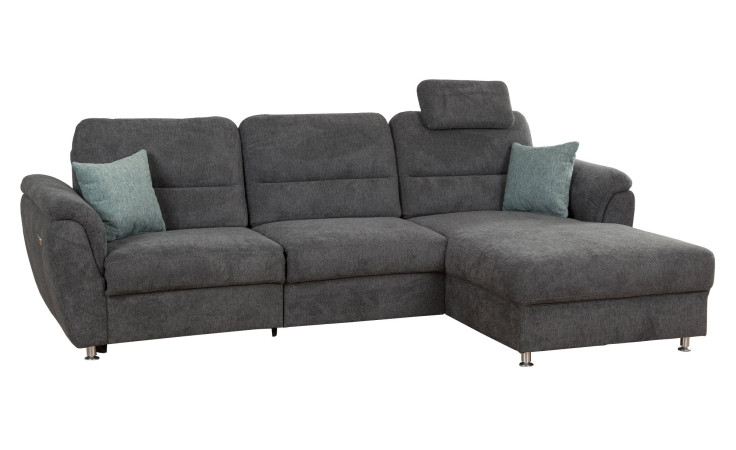 Komfort-Wohnlandschaft Dyre in einem grauen Stoff bezogen mit Füßen im Alu-Look.