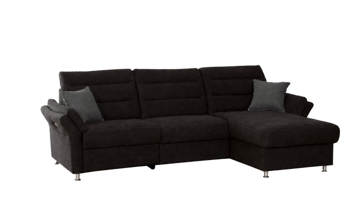 Komfort-Wohnlandschaft Fiona: dunkelgraues Sofa mit Relaxfunktion, 2 Kissen und Metallfüßen.