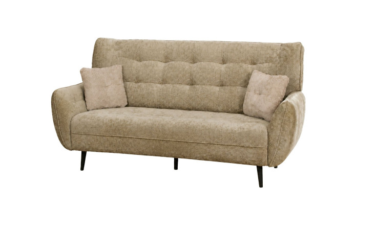 Beiges 2-Sitzer-Sofa „Nika“ mit Kaltschaumpolsterung, zwei Kissen und schwarzen Holzbeinen vor weißem Hintergrund.