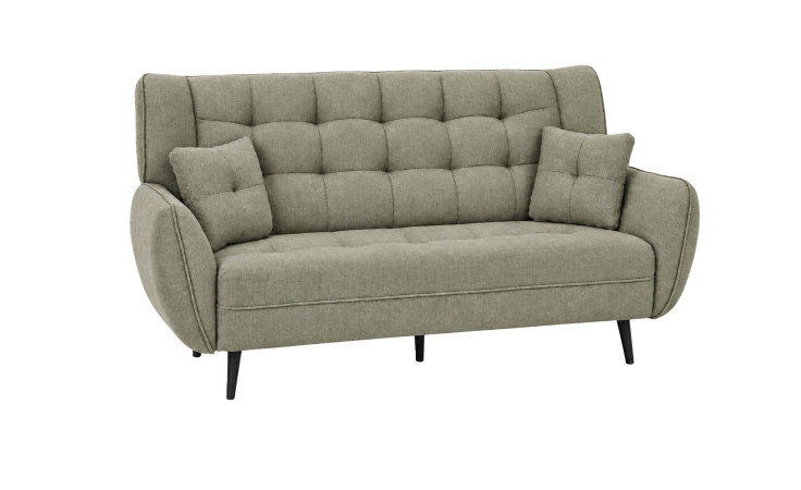 Hellgraues 2-Sitzer-Sofa „Nika“ mit gesteppter Sitzfläche, schwarzen Beinen, modernem Design und zwei Kissen vor weißem Hintergrund.