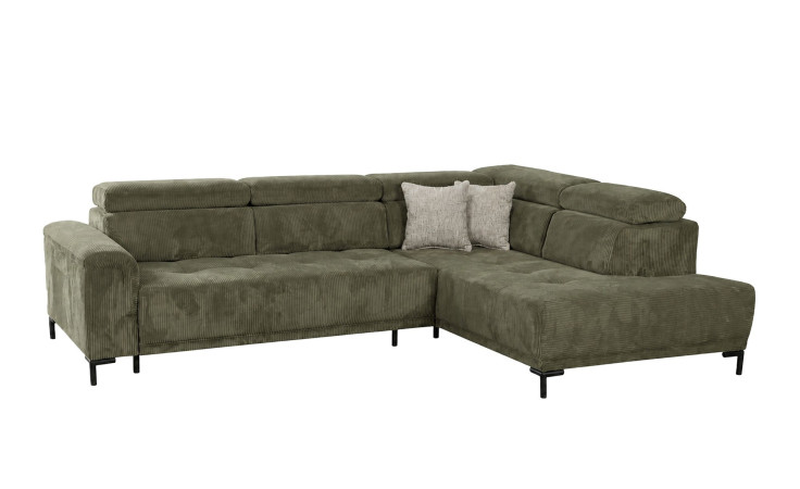Basis-Wohnlandschaft Aria: Grünes L-förmiges Sofa, 85 cm hoch, schwarze Beine, 2 hellgraue Kissen in der Ecke.