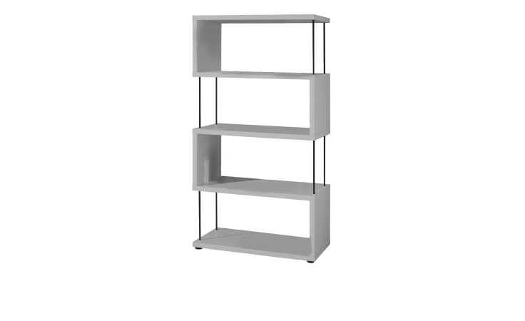 Standregal Seven aus Holzwerkstoff in kreidegrau mit schwarzen Stäben.