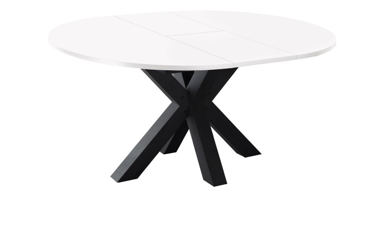 Auszugstisch Biblis-System mit einer ausgezogenen Tischplatte in Weiß und einen schwarzstahl Sterngestell.