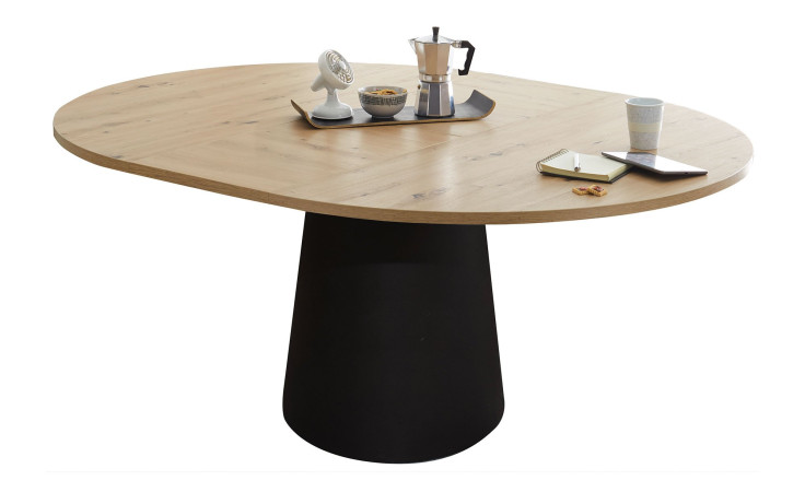 Ausziehtisch „Biblis-System“ mit schwarzem Untergestell, abgebildet mit Tablett, Ventilator, Kaffeemaschine, Tassen, Notebook und Snacks.