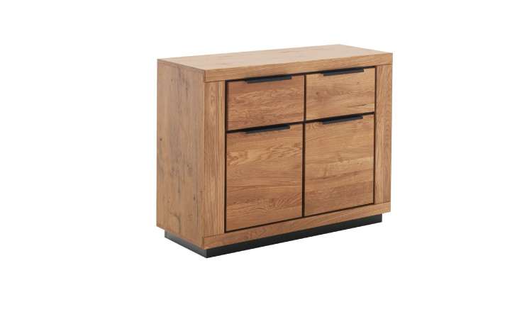 Kommode Grazia: Holzschrank, 102 cm breit, 2 Schubladen über Türen; schwarze Griffe und Sockel für einen modernen Look.